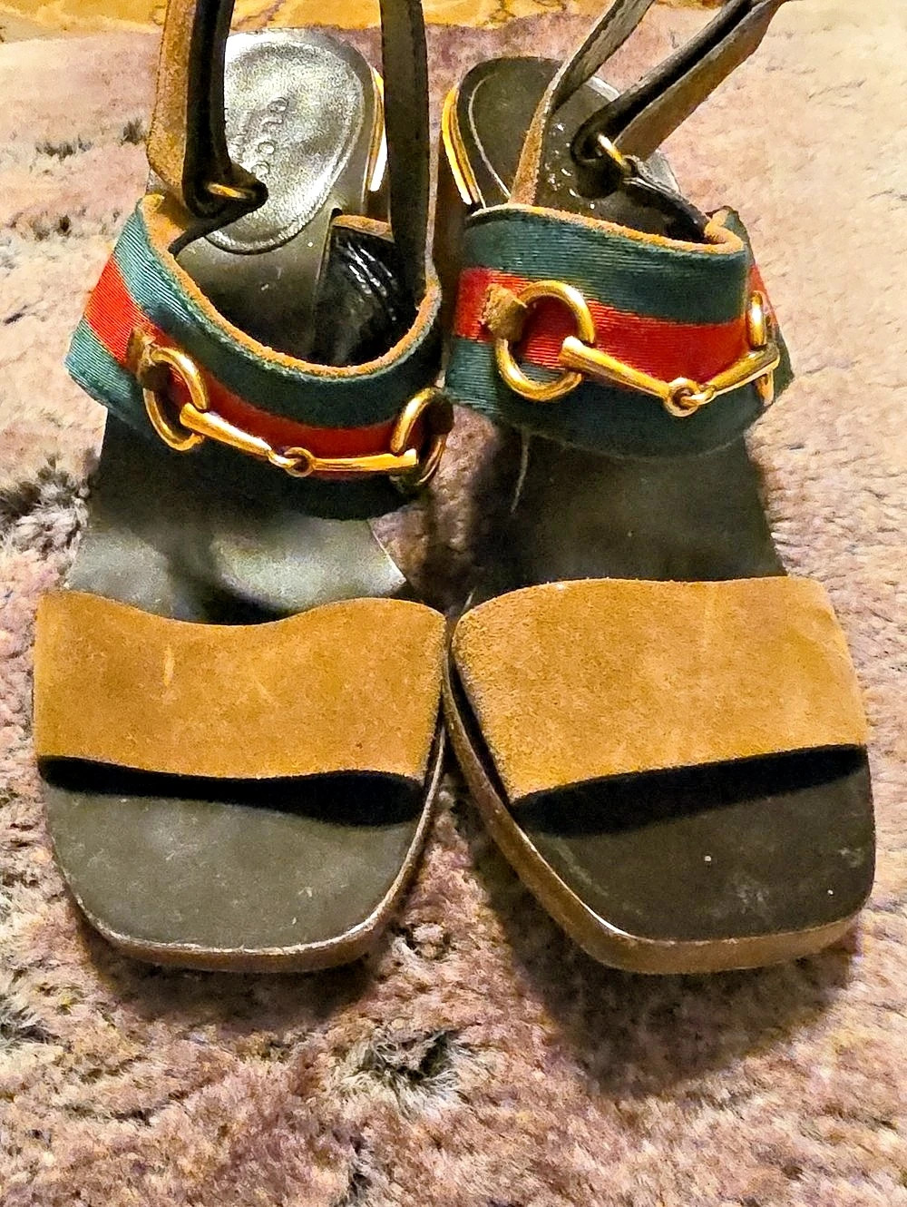 Gucci Querelle Web Horsebit Suede Sandal Green & Brown US 37.5 Or 7.5us
